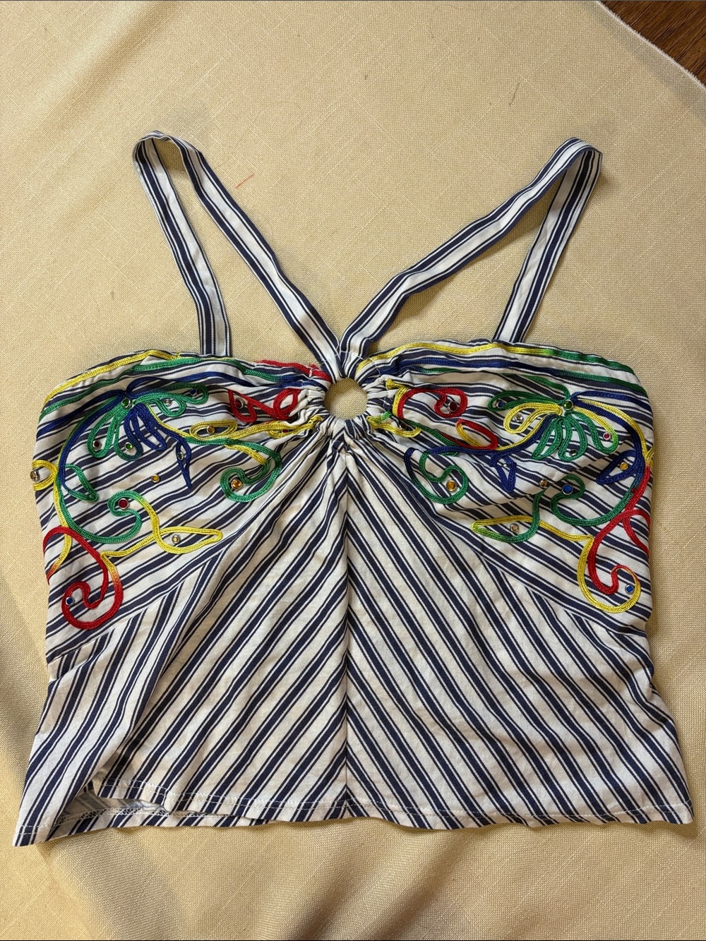 Anthropologie Navy & White Striped Halter Camisole with Multicolor Embroidery